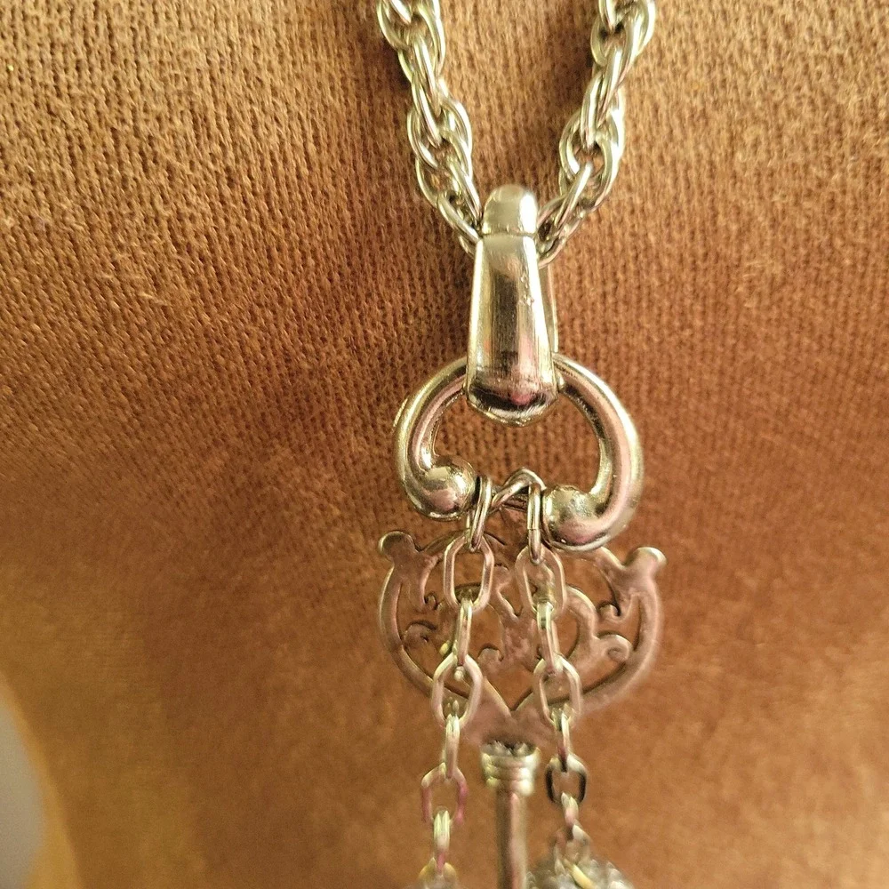 Vintage 1970s Victorian Revival Chatelaine Thimble Key Necklace 24